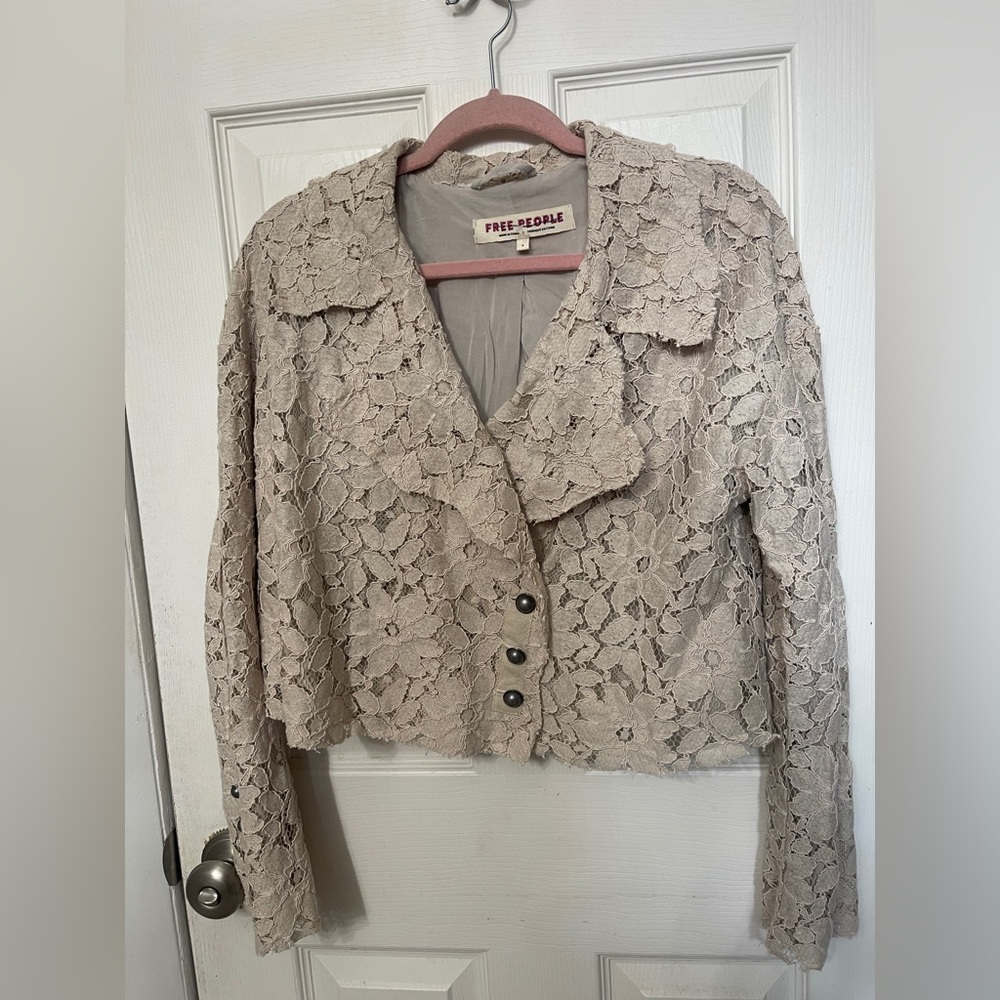 Free People Amelia Lace Cropped Bed Jacket Almond Milk Taupe Size S - Picture 6 of 14